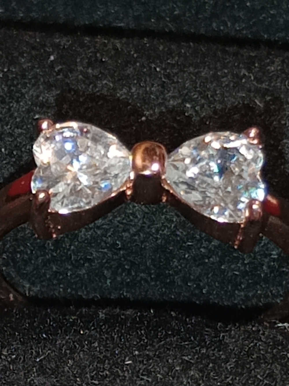 Vintage Sterling Silver Rose Gold Bow Ring with Clear Stones Double Hearts